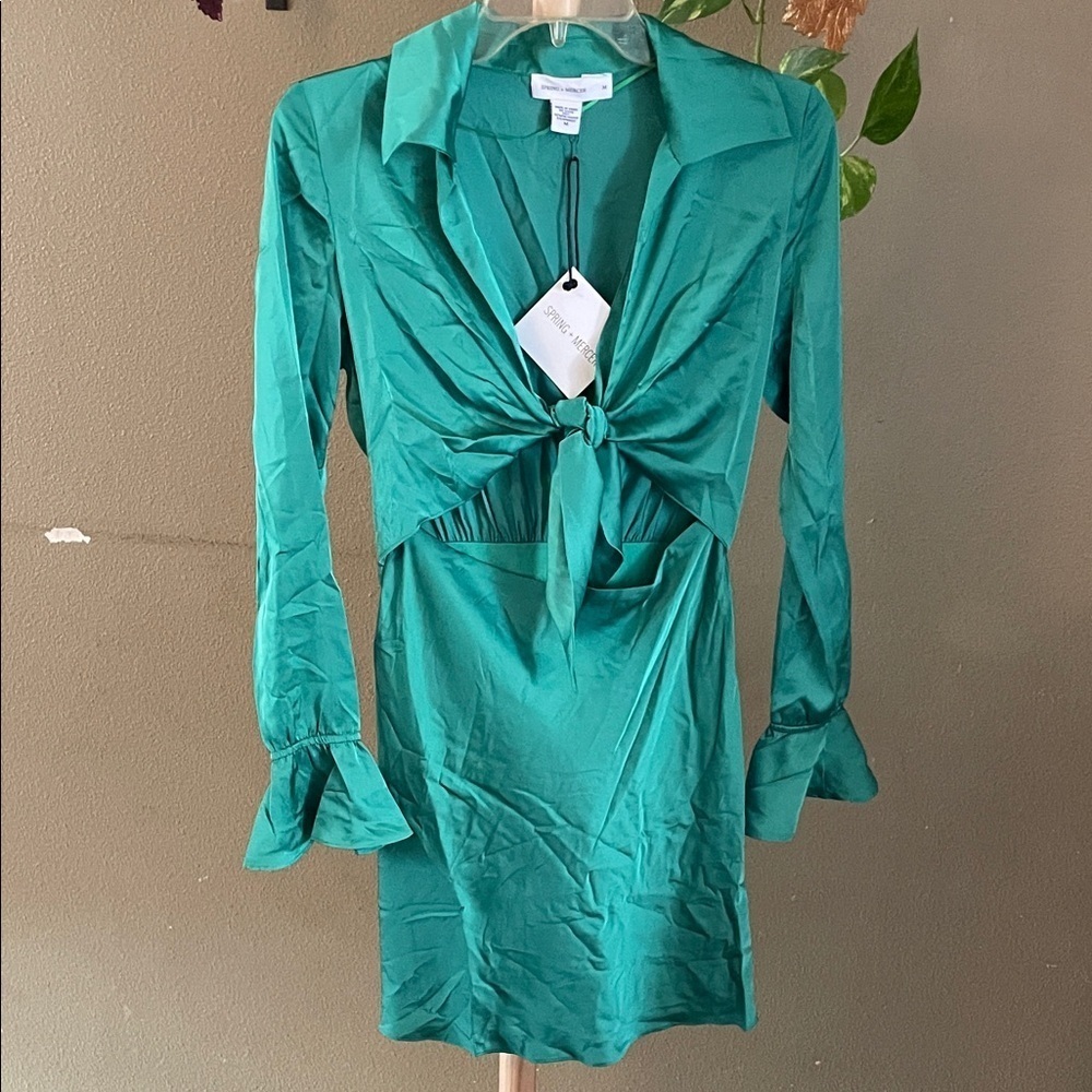 Elegant Green Long Sleeve Dress with Tie-Front